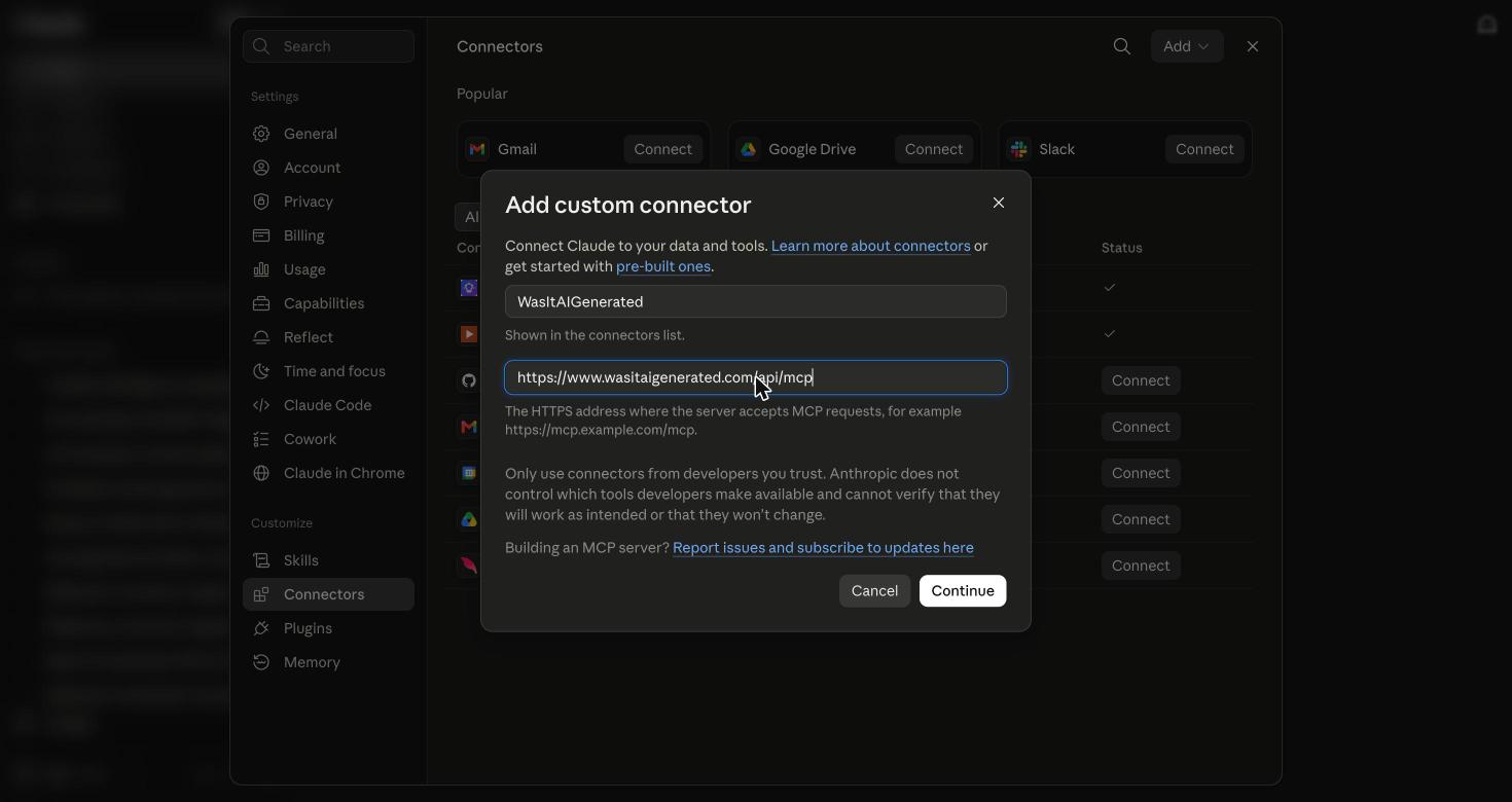 The Add custom connector dialog in Claude, with the name and the server URL filled in