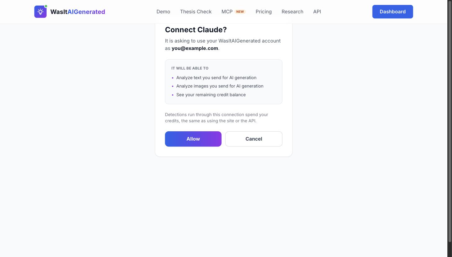 The WasItAIGenerated consent screen when connecting Claude, listing the three permissions a connection grants before you approve it